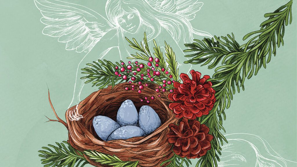 An artist's rendering of an angel holding a nest of blue eggs.