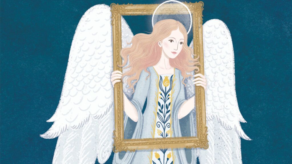 An artist's rednering of an angel peering through a painting frame.