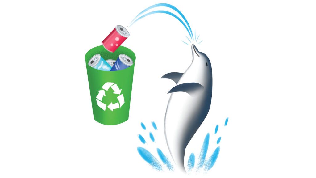 An illustration of a dolphin helping out in recycling cans.