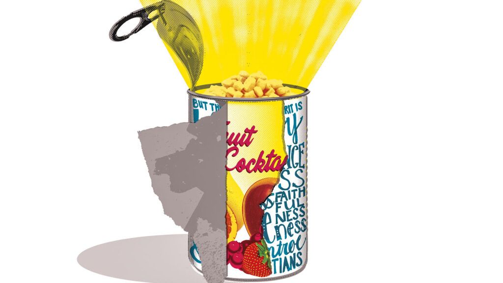 Illustration of corn in a fruit cocktail can
