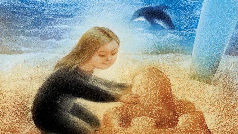 An artist's rendering of a girl on a beach with a dolphin in the background