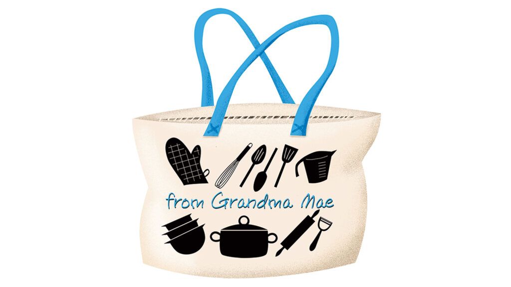 A tote bag that reads 'from Grandma Mae' with cooking utensil icons.