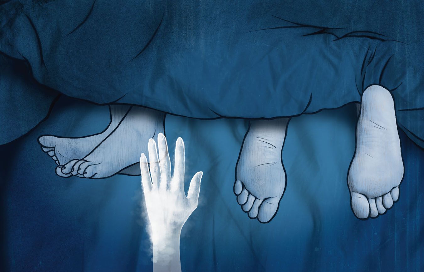 Illustration of a hand reaching out to a foot in bed