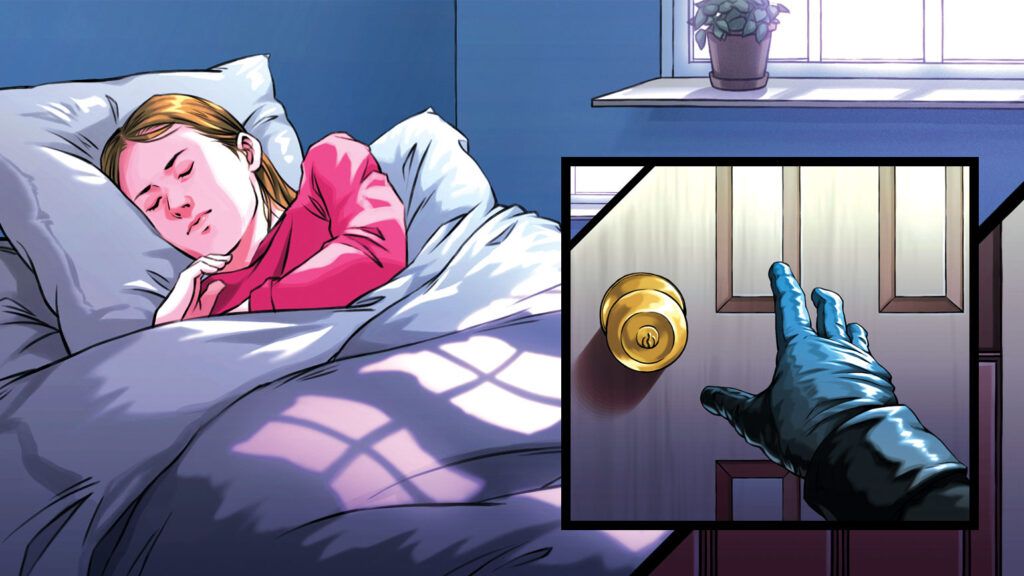 An artist's rendering of a woman sleeping on the left and a hand reaching for the doorknob on right.