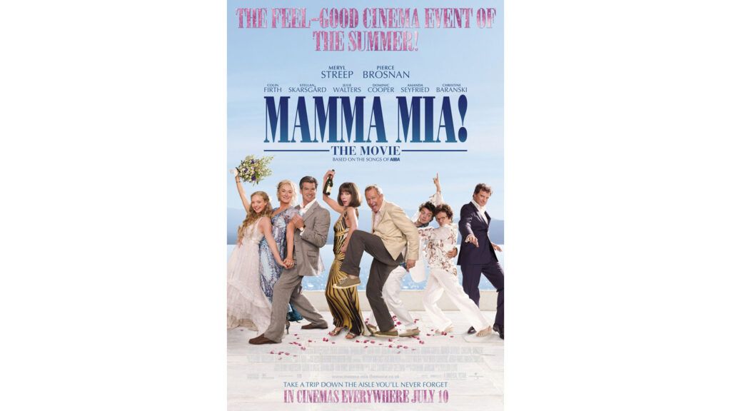 MAMMA MIA!, from left: Amanda Seyfried, Meryl Streep, Pierce Brosnan, Christine Baranski, Stellan Skarsgard, Dominic Cooper, Julie Walters, Colin Firth, 2008.