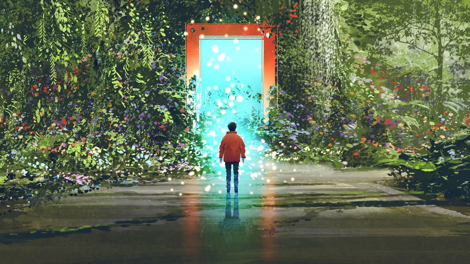 Boy standing in front of a magic gate.