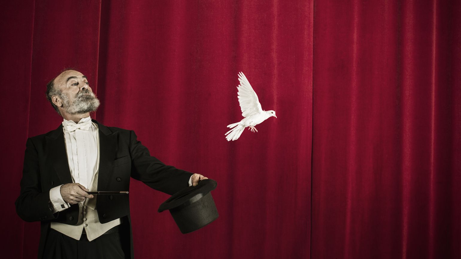 Magician performing stage magic with doves.