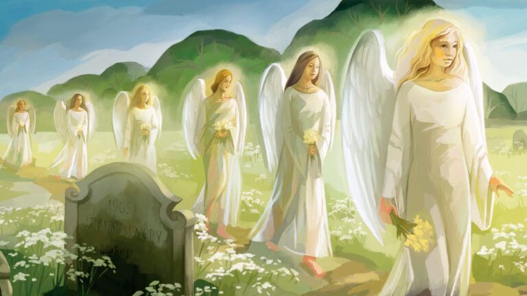 An artist's rendering of angels gathering in a cemetery