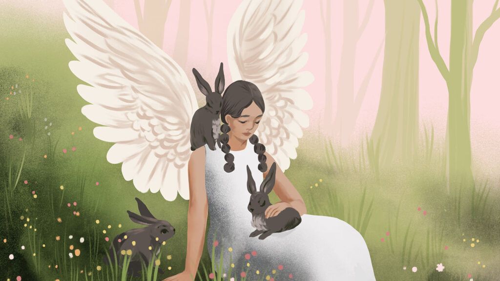 Illustration of an angel and three bunnies