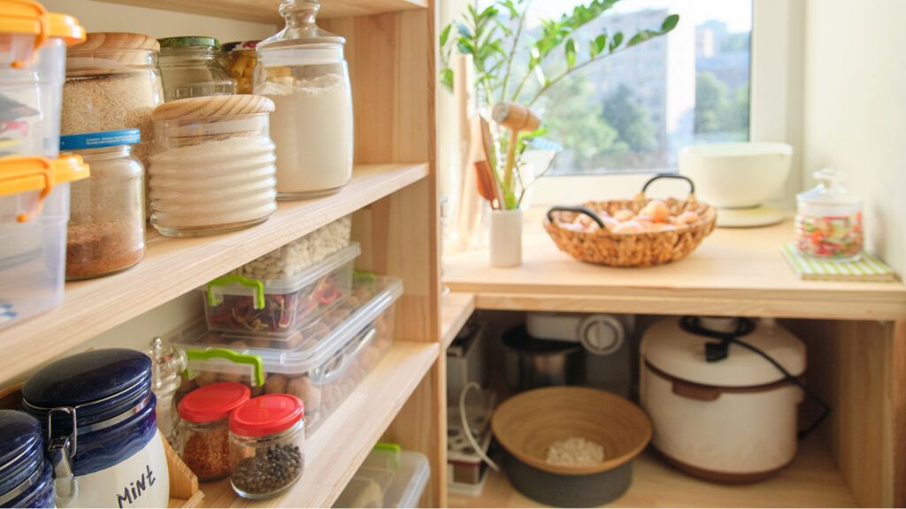 Wooden shelves with food and utensils, kitchen appliances in the pantry.