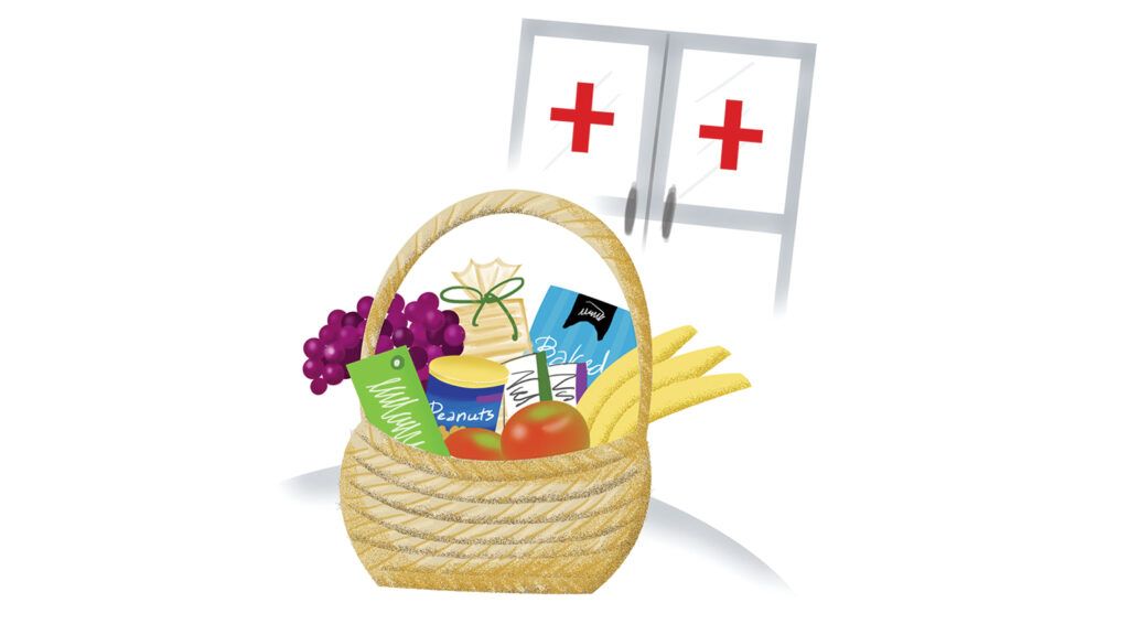 AN artist's rendering of a basket of snacks in a hospital.