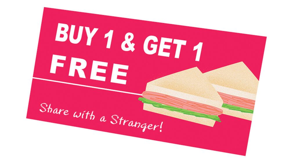 An aritsts rendering a sandwich coupon with a BOGO deal.