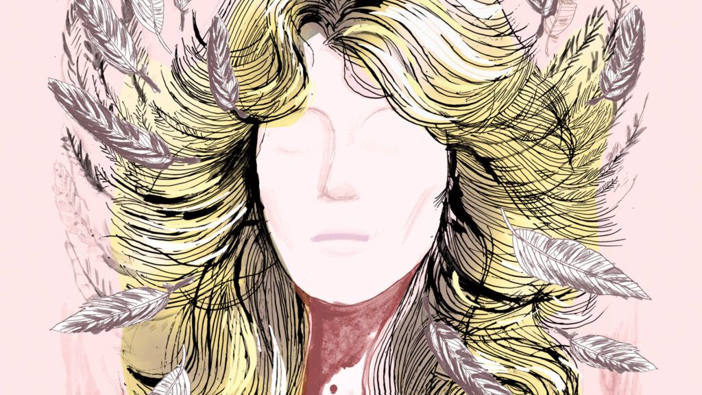 An artist's rendering of Farrah Faucett hair with angel wings scattered in.