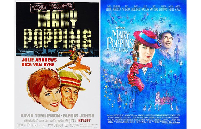 Film posters for Mary Poppins (1964) and Mary Poppins Returns (2018)