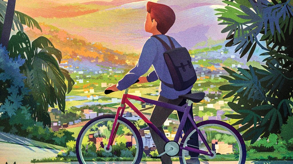An artist's rendering of a young boy on a bike.