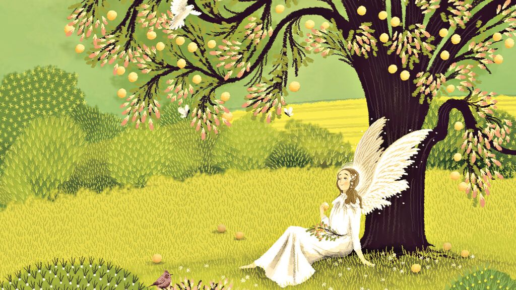 An artist's rendering of an angel sitting under an asian pear tree.