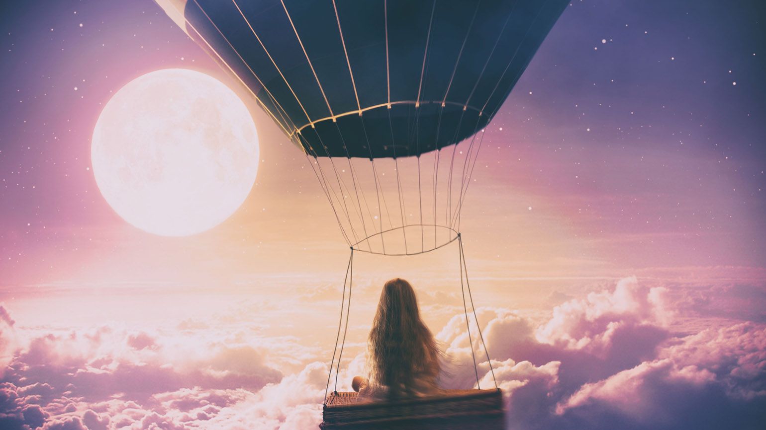 A girl in a hot air balloon dreamscape.