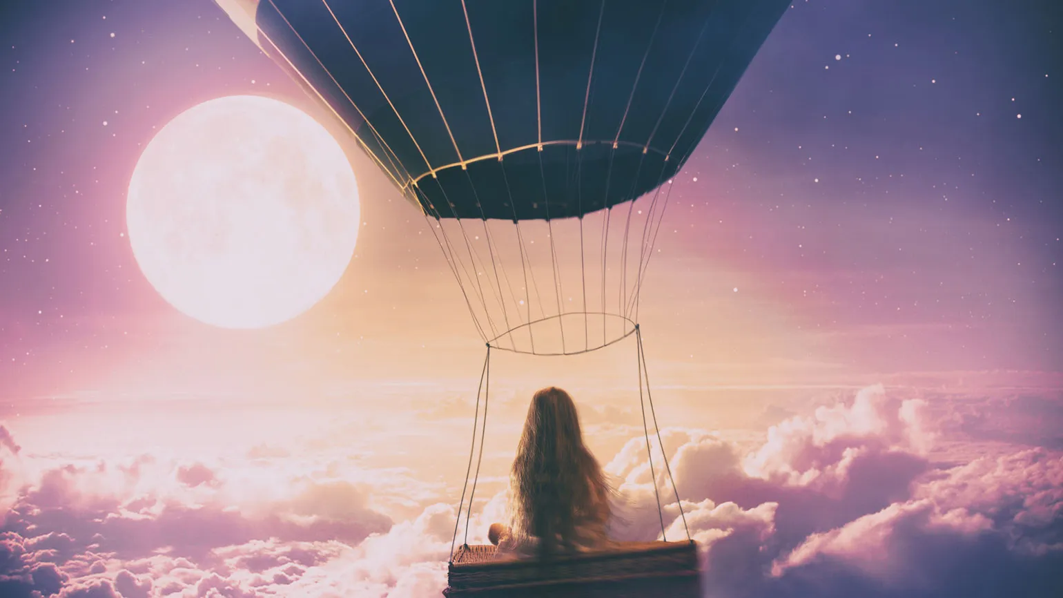 A girl in a hot air balloon dreamscape.