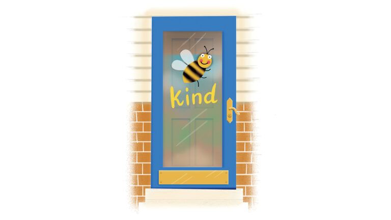 An artists rendering of a decorated door with a bee and "kind" written.