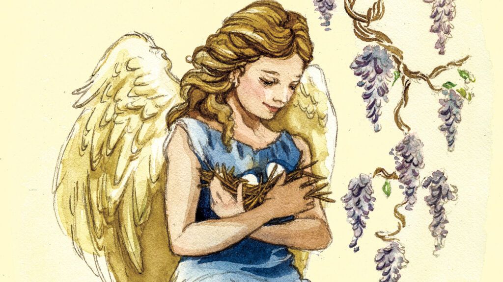 An angel holding a nest of eggs. Illustration by Daniela Terrazini