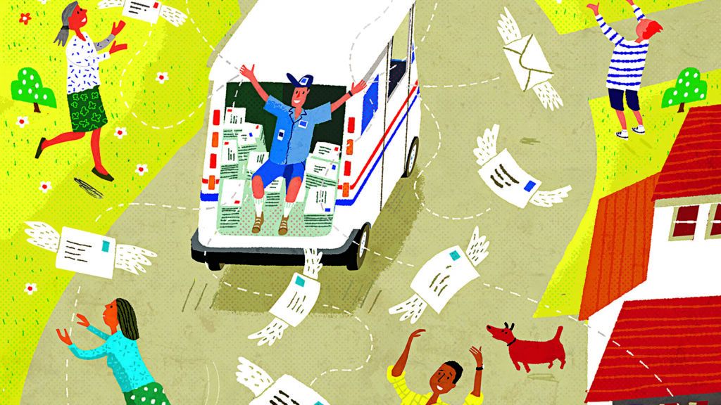 Illustration of a mailman and in a busy neighborhood