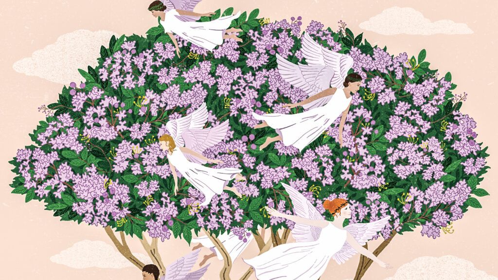 A crepe myrtle tree full of angels. Illustration by Dawn Cooper