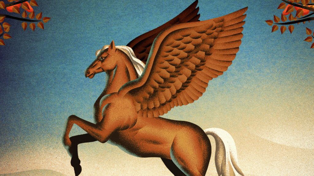 A golden palomino Pegasus. Illustration by JESÚS SOTÉS