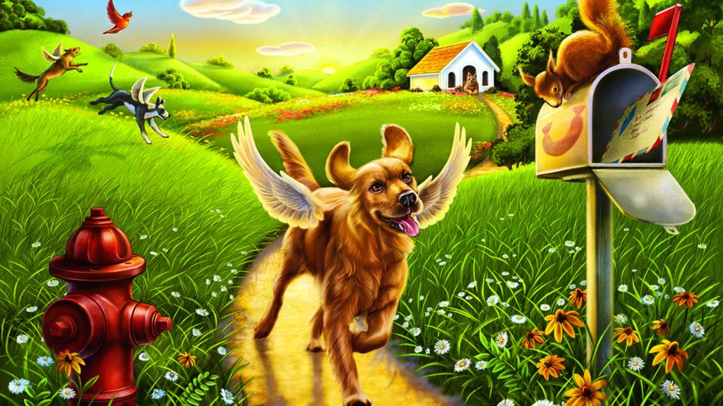 Illustration of a dog with angel wings enjoying the outdoors