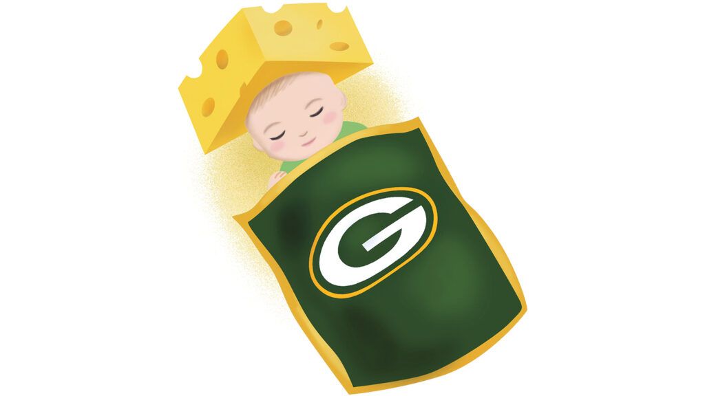 A baby in Green Bay Packers merchandise and a cheesehead hat.