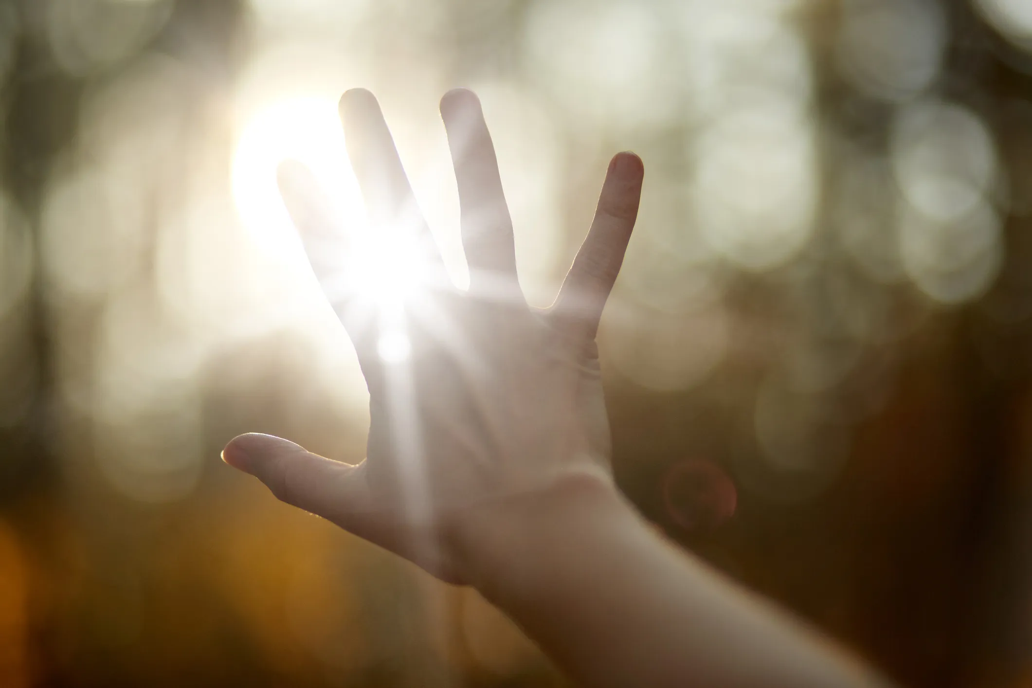 A hand reaching out to distant light.