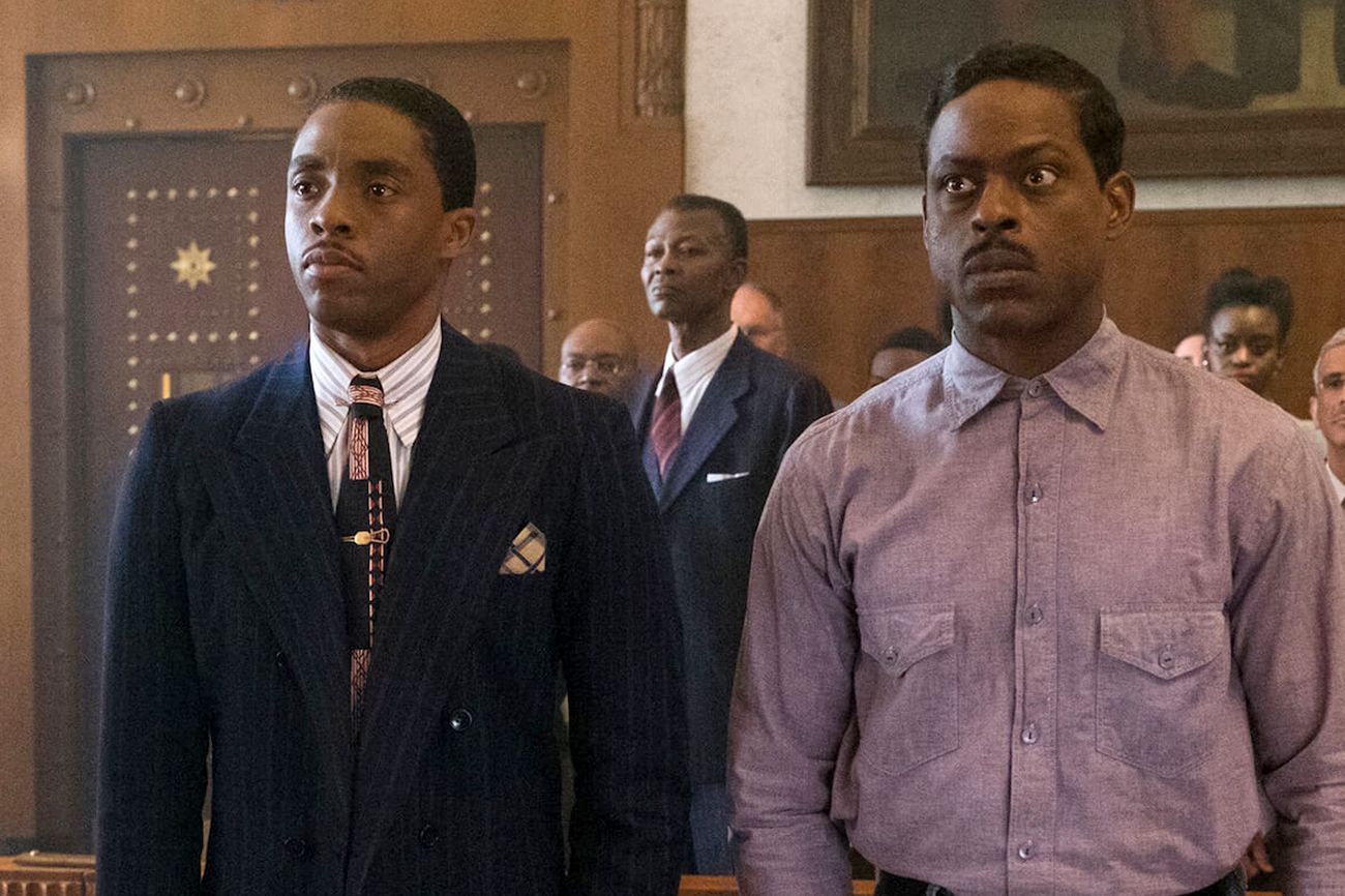 Chadwick Boseman (left) and Sterling K. Brown in a scene from 'Marshall'