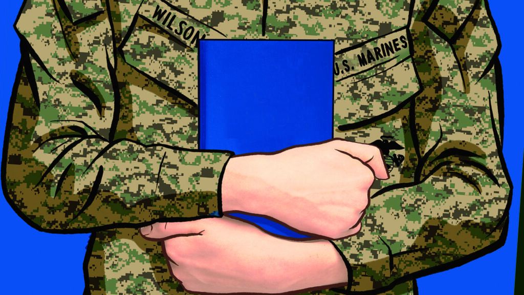 Illustration of a Marine soldier holding a Bible