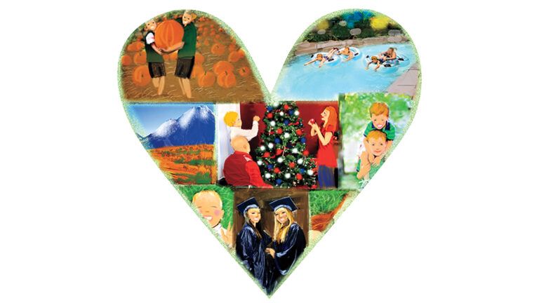 An illustration of a photo collage in the shape of a heart.