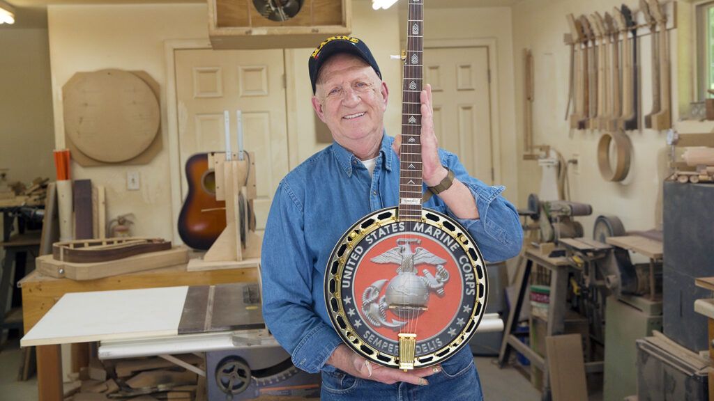 Don Embrey in his woodworking shed and banjo studio; photo by Heather Rousseau