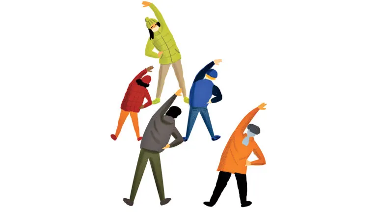 People in warm outerwear doing stretches.