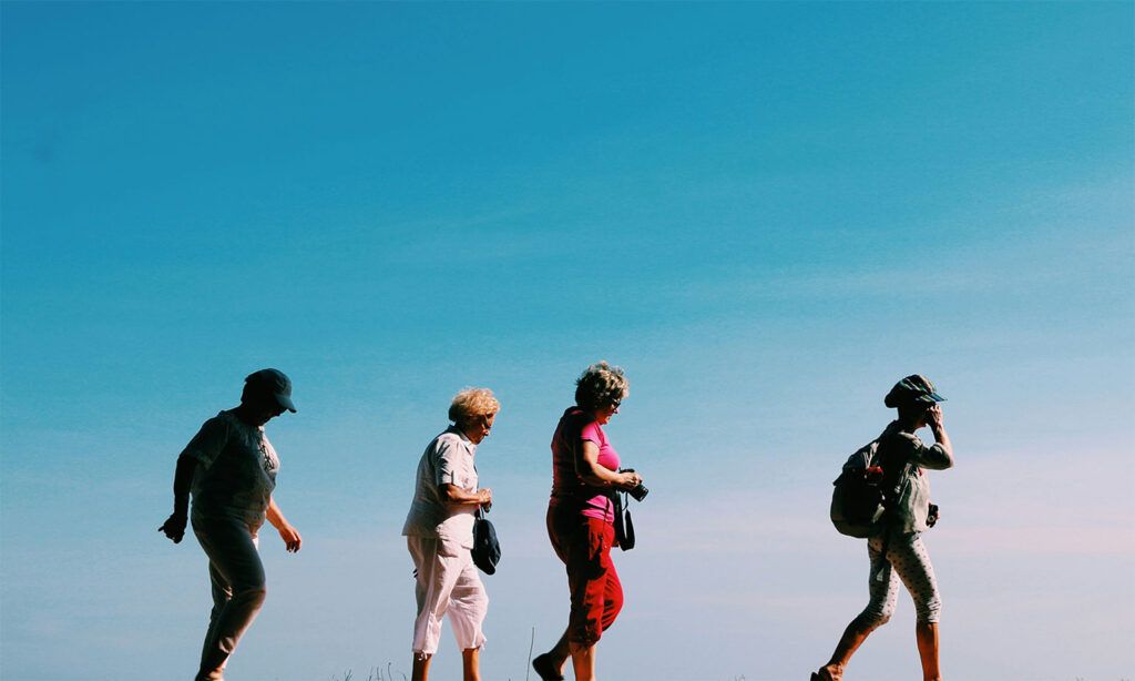 Four friends hiking together on a sunny day.