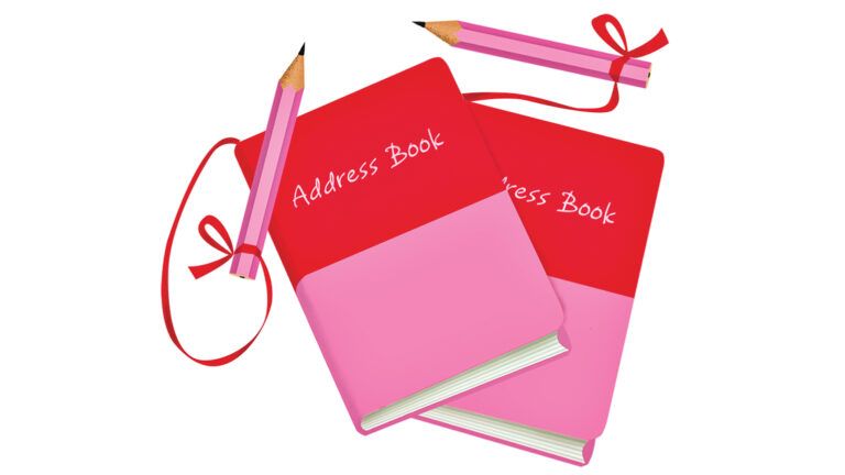 Two pink/red address books with attached pencils; Illustration by Coco Masuda