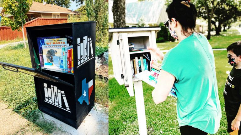 Rachel and her son adding books to a little free library; Photo credit: Rachel Koppa
