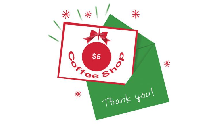 A coffee shop coupon inside a thank you envelope; Illustration by Coco Masuda