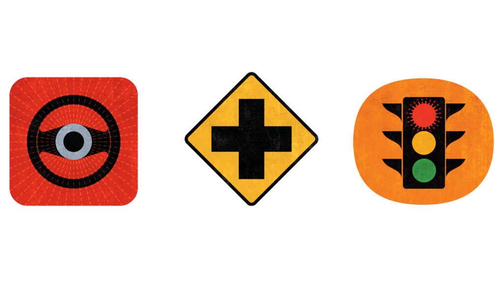 A trio of road signs; Illustration By Jeff Koegel