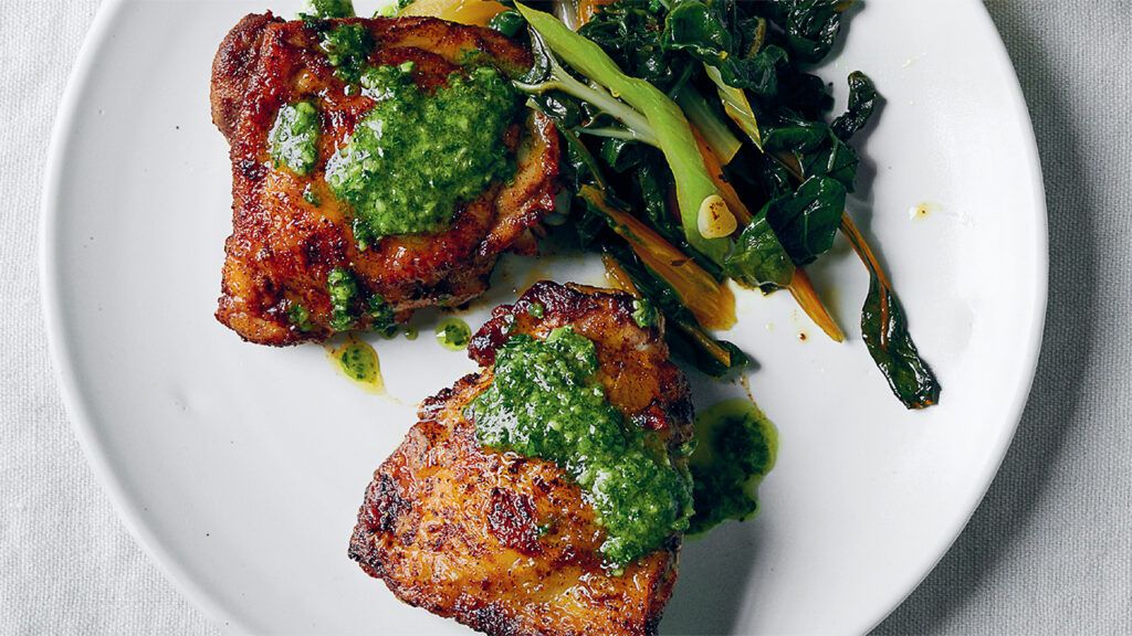 Sam Sifton's Pan-Roasted Chicken with Mint Sauce; photo by David Malosh