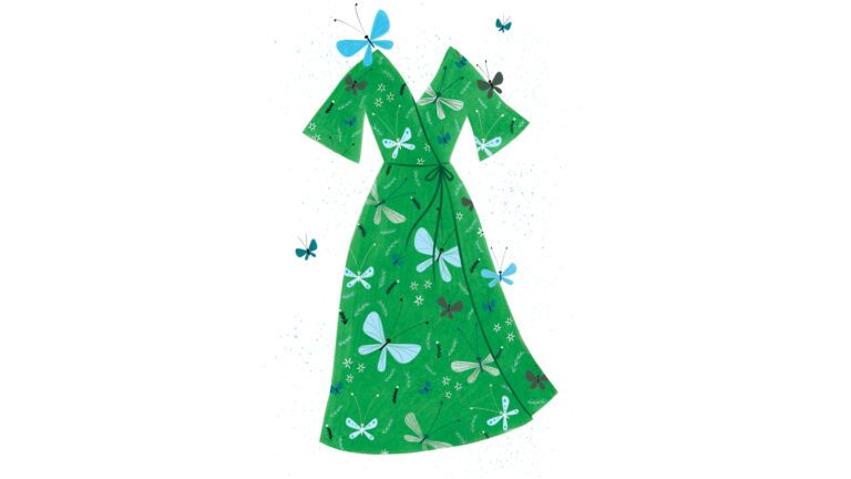 A vivid green dress with a butterfly print; Illustration By Jacqui Langeland