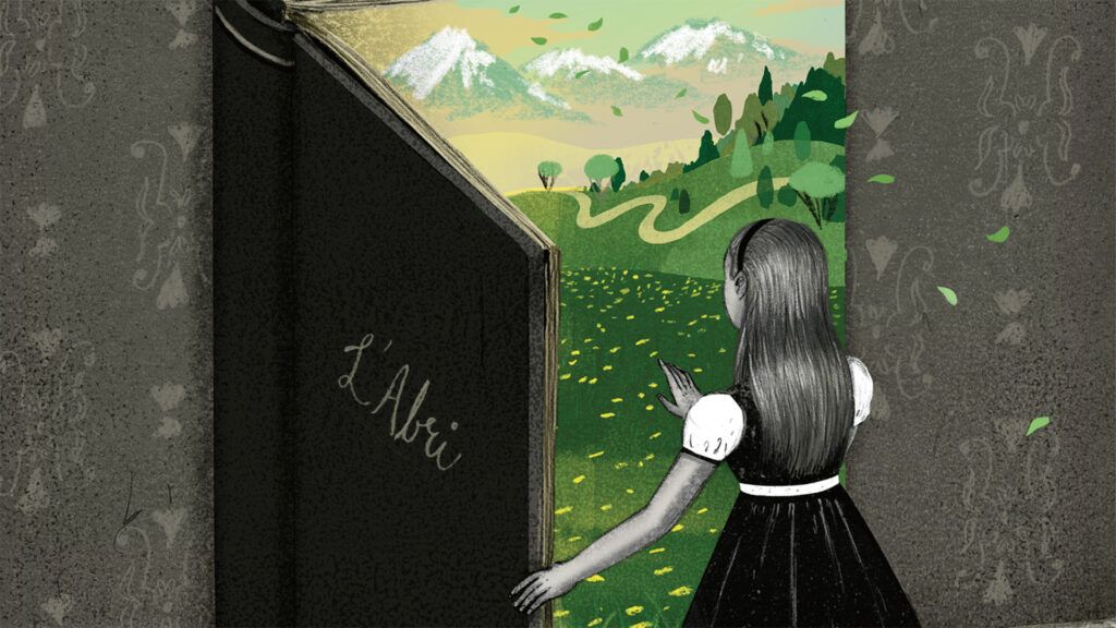 Bryon Eggenschwiler's illustration of a young girl stepping into a book called L'Abri