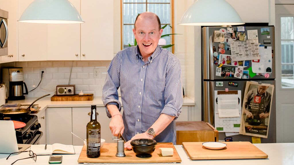 Sam Sifton cooking in his home in Red Hook, Brooklyn. Photo by Stephen Speranza