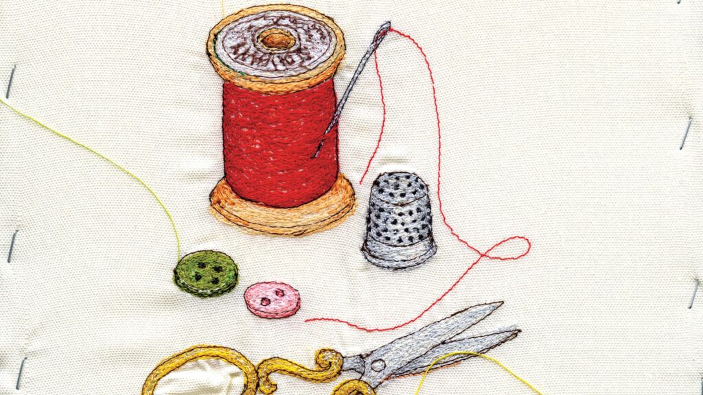 An artist's rendering of sewing materials; Illustration by Miyuki Sakai