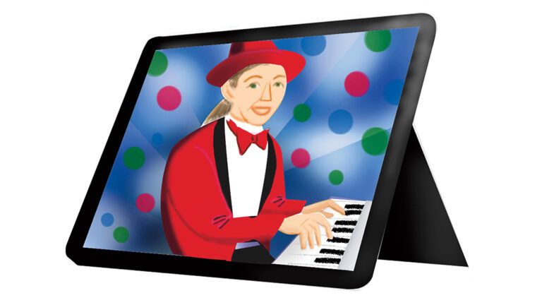 A tablet displaying a piano player; Illustration by Coco Masuda