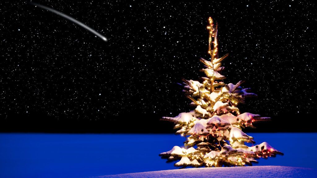 A shooting star in the sky above a lighted christmas tree in the snow showing Christmas miracles