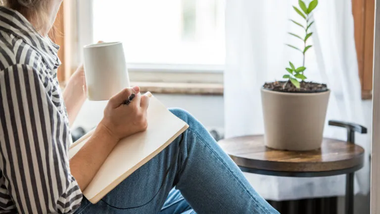 A woman sitting by the window with her plant writing in her new year planner