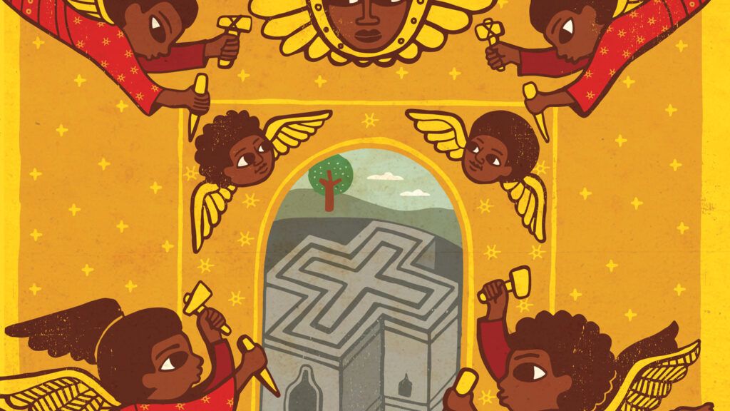 An artist's rendering of Ethiopian angels creating Lalibela; Illustration by Edson Ike