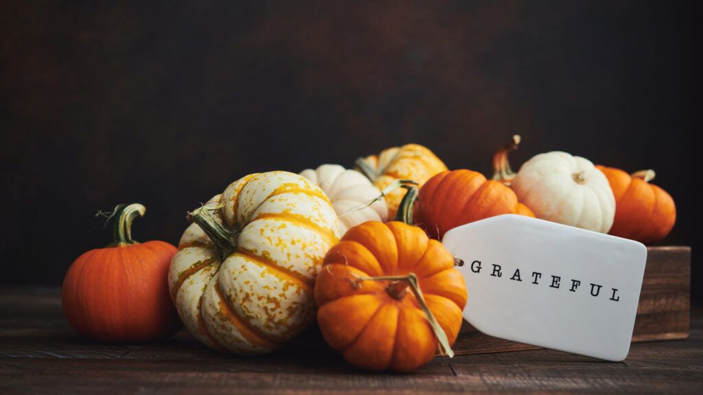 Pumpkins and gourds with a 'grateful' tag; Getty Images